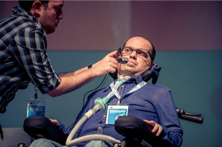 Man in a wheelchair using the eyecontrol system