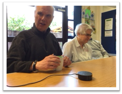 David and Anne use an Echo Dot to choose music in their Book Club session
