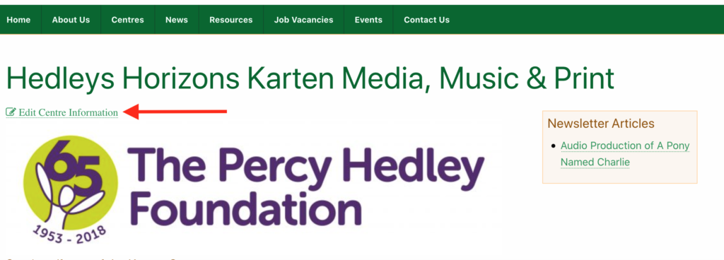 Screenshot showing the edit centre information link