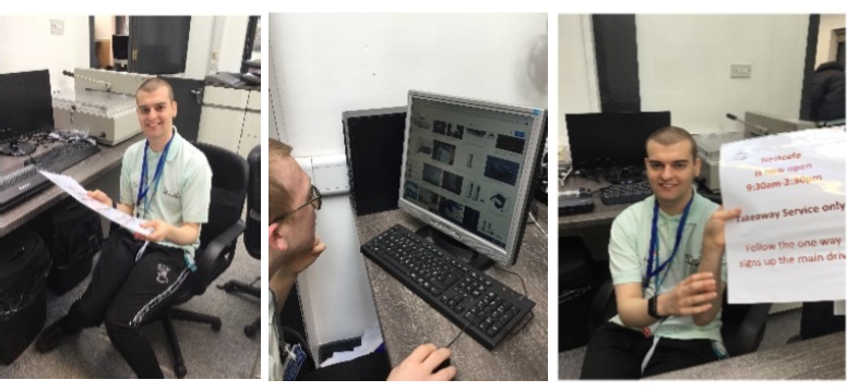 Student sitting at a computer creating articles