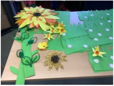 students in College making sunflowers to decorate the College