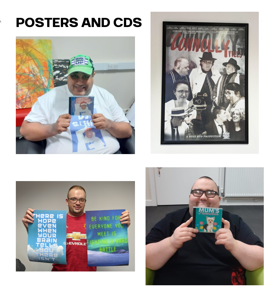 Students holding examples of their photo and CD printing work