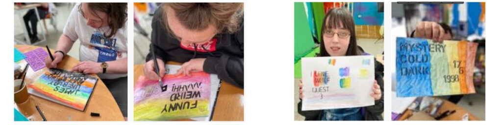 students working on and showing there work for the Comic book creation and print project