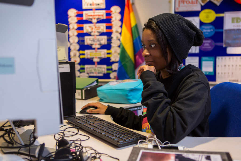 Student working at a computer in a Karten Center