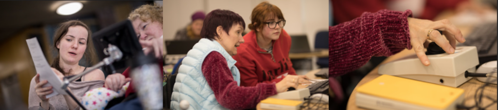 Three photos taken of user centre participants, showing, firstly direct access communication aid user looking at a document held by another person. Secondly, one person uses a joystick tracker to operate a PC, watched by a second person. Thirdly, a close up of a joystick tracker in use.