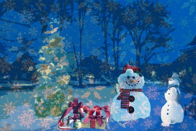 Jamie Christmas card featuring a snowman and trees