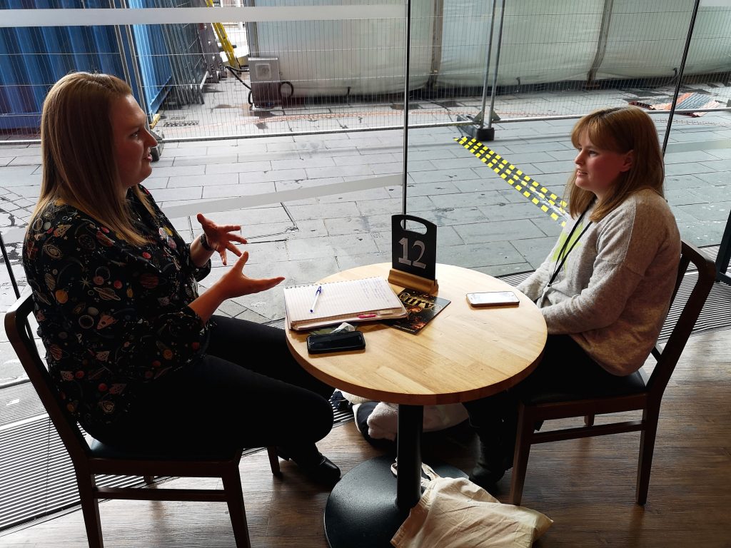 Student Finola on an employer encounter at Curve Theatre meeting Nicola Allen from their marketing team