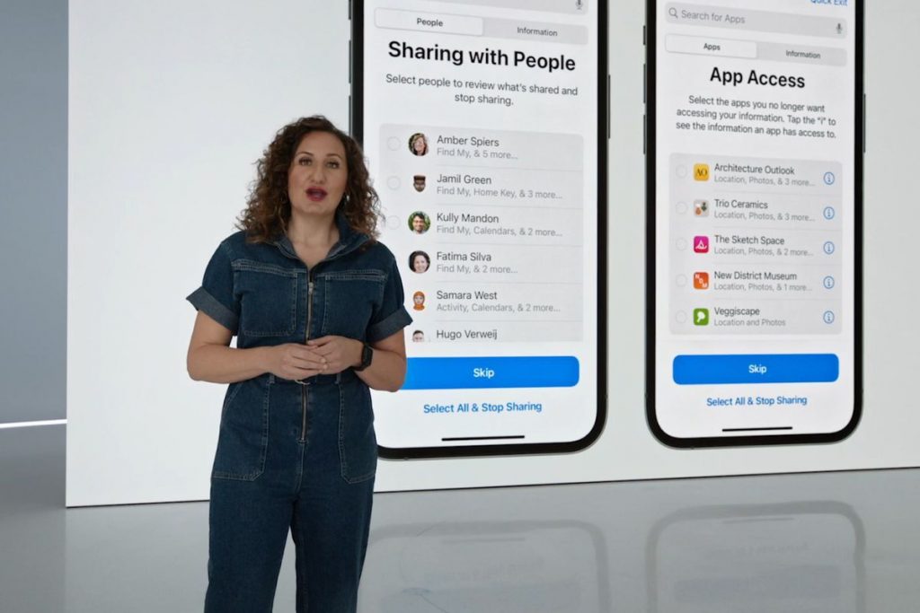 Lady presenting the new Safety Check Privacy Settings with screen shots of the settings being shown behind her