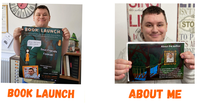 Two photos of Snake, a young man holding a poster featuring his book launch and a copy of his new book
