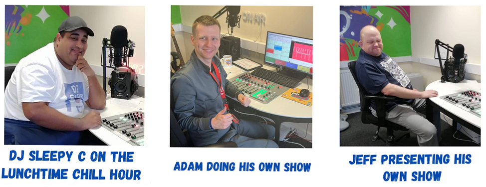 Three photos, showing DJ Sleepy C, Adam, and Jeff, all sitting at a desk with the Radio microphone in front of them presenting their radio shows