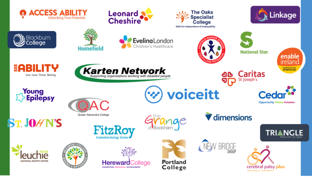 A collage of logos representing organisations involved in the Nuvoic Project: Karten Network, Voiceitt, AccessAbility, Beaumont College, Blackburn College, Caritas St Josephs, Cedar Foundation, Cerebral Palsy Plus, Dimensions, Enable Ireland, Evelina London, FitzRoy, The Grange, Hereward College, Homefield, Ingfield Manor, Leonard Cheshire, Leuchie House, Linkage, National Star, New Bridge Group, The Oaks Specialist College, Portland College, Queen Alexandra College, SeeAbility, St John's, Triangle Housing and Young Epilepsy