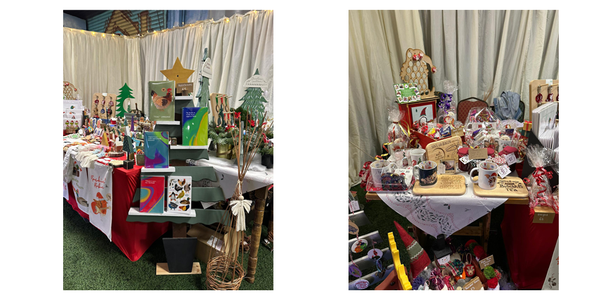 Photos of a host of handmade christmas being displayed on a table