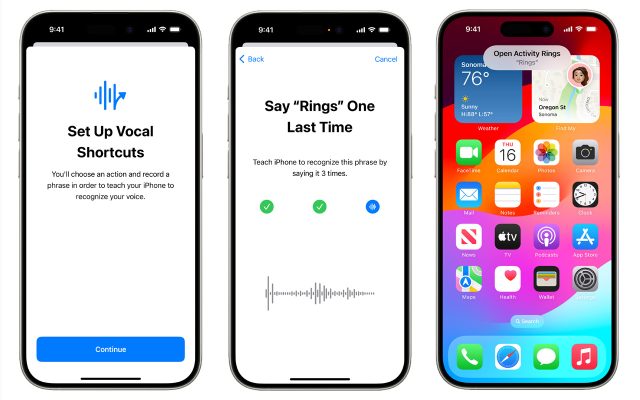 Three images of Apple’s vocal short cuts being set up on an iPhone