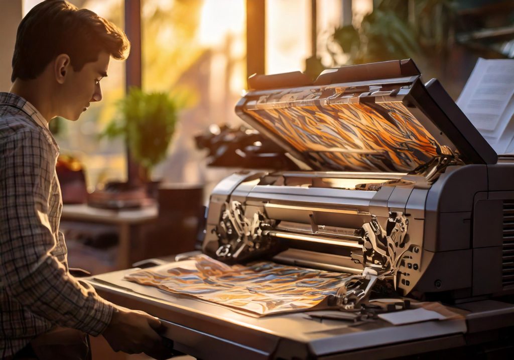 AI generated image of a person standing in front of a large printer.