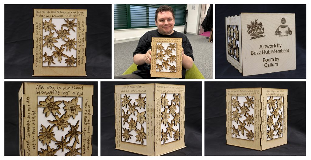 Callum, holdering and showing the candle holder he designed and made.