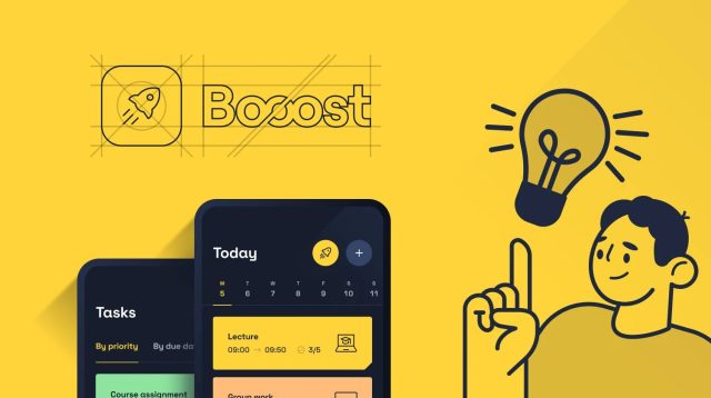 an illustration promoting the "Booost" education app, featuring its logo with a rocket icon, a bright yellow background, and a cartoon character pointing to a glowing light bulb. Two mobile screens display a task list and daily schedule, showcasing features like lectures, group work, and course assignments.