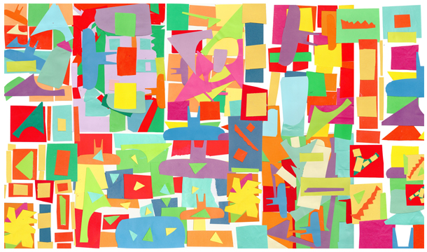 Abstract collage artwork inspired by St Helens’ new Central Station, made from overlapping paper cutouts in bold colors like red, green, yellow, blue, and purple. The composition features a variety of geometric shapes and layered forms, creating a playful, energetic visual effect.