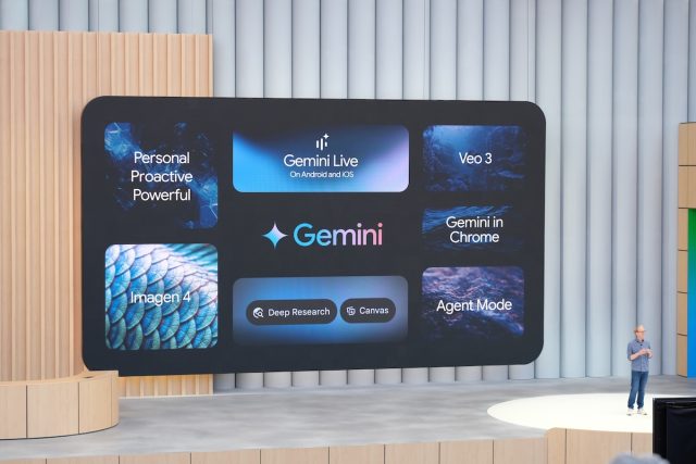 Sundar Pichai stands onstage at Google I/O 2025 in front of a large screen displaying features of Gemini AI, including Gemini Live, Veo 3, Imagen 4, Agent Mode, and integrations with Chrome and mobile platforms.