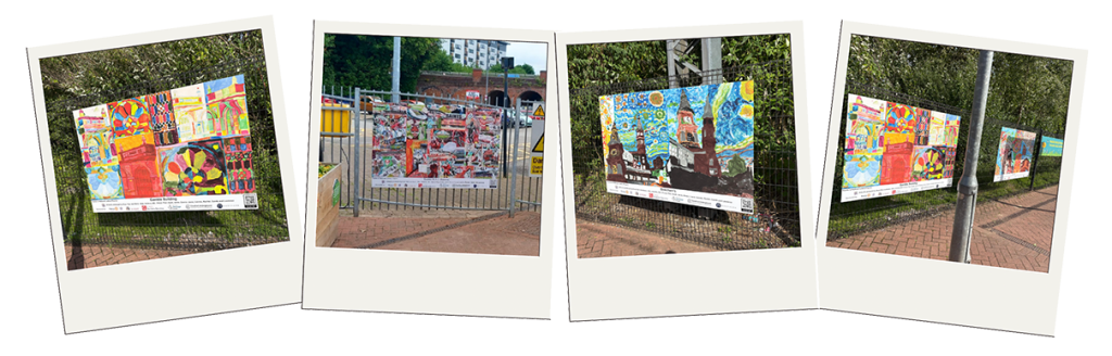 Four Polaroid-style photos show large-scale artworks displayed outdoors on metal fences along a brick pathway.

    A vibrant collage of colourful abstract and geometric shapes, created in bold tones of red, yellow, blue, and green.

    A detailed, busy cityscape drawing dominated by red tones, featuring buildings, roads, and movement.

    A Van Gogh-inspired painting with swirling skies and stylised towers, blending night-time blues with warm orange accents.

    A wide-angle view showing multiple artworks in a row along a fenced walkway, with trees in the background.