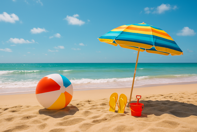 A sunlit countryside scene capturing the carefree essence of summer holidays. A winding path cuts through a golden meadow filled with wildflowers, with soft green hills in the background. A few children can be seen in the distance, running or cycling, while a kite flies in the clear blue sky. The whole scene evokes warmth, relaxation, and the joyful freedom of the end of the school year.
